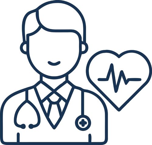 A cardiologist figure with a stethoscope by a heart symbol representing healthcare and cardiology.