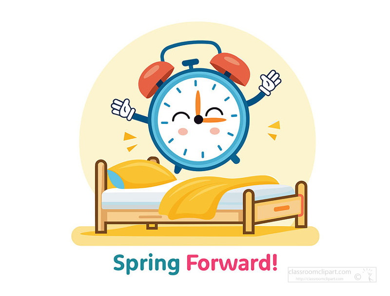 Playful alarm clock celebrating spring forward over cozy bed scene