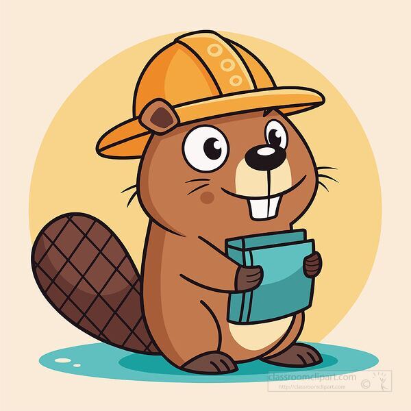 cute beaver dressed as an engineer with a yellow safety helmet holding building plans