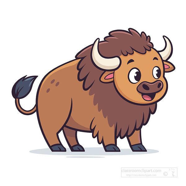 brown cartoon bison with a fluffy mane standing and smiling in a cute vector design