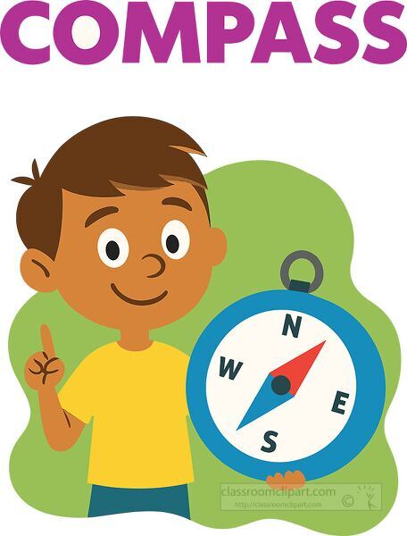 Cute educational clipart of a boy holding a compass for geography and map reading lessons