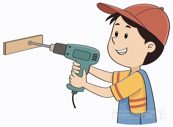 cheerful boy in red cap and blue overalls holding an electric drill while working with wood