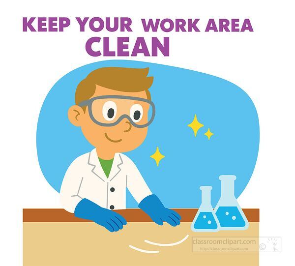Educational lab safety clipart showing cartoon boy scientist keeping work area clean