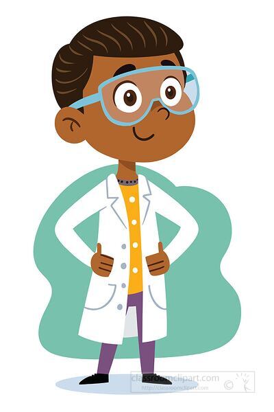 Cartoon Vector illustration of a young scientist boy wearing a white lab coat and safety glasses. Great for STEM education resources and classroom science projects