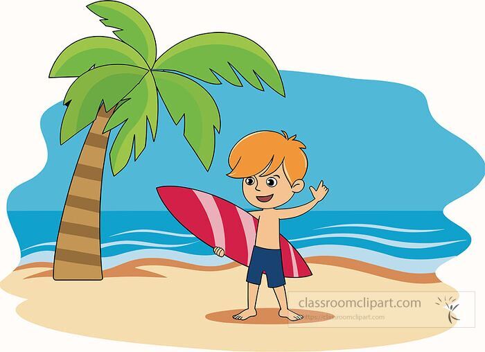cartoon style image of a young boy holding a surfboard smiling on a tropical beach with blue ocean waves and a palm tree