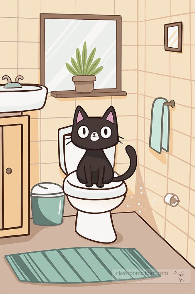 A simple cartoon style illustration shows a black cat with large eyes sitting on a toilet in a cozy bathroom The room features a plant a sink and a bath mat