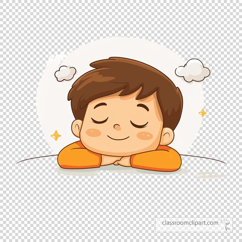 A cheerful cartoon character with brown hair enjoys a peaceful dream He is resting with closed eyes a gentle smile and clouds nearby This illustration conveys a sense of calm and happiness