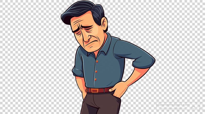 A cartoon character stands with a somber expression wearing a blue shirt and black pants. His posture suggests deep contemplation reflecting sadness and introspection.