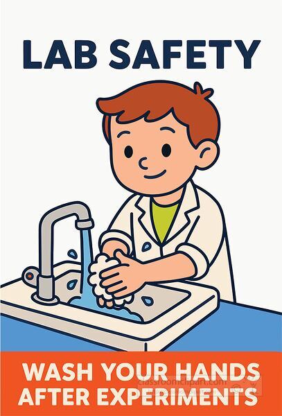 Educational clipart showing a student washing hands at a sink reminding kids about lab safety and hygiene after experiments