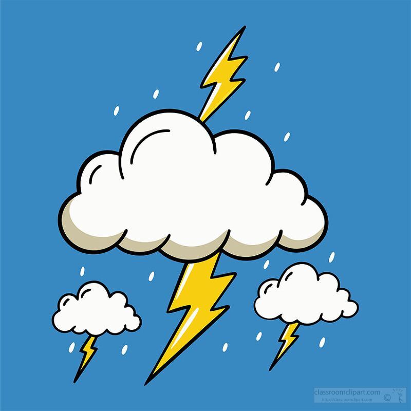 A cartoon-style illustration of a cloud with lightning bolts and raindrops on a blue background. The main cloud is large with two smaller clouds nearby, all depicted in a playful, colorful manner.