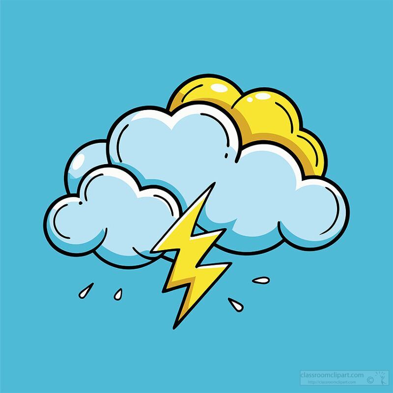 A cartoon-style illustration of a cloud with a lightning bolt striking through it. The cloud is light blue with some yellow highlights, set against a bright blue background. Raindrops are depicted falling from the cloud.