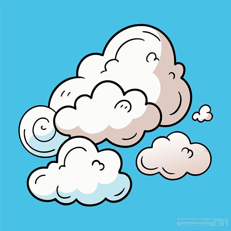 A collection of cartoon-style clouds on a bright blue background. The clouds are fluffy and white with light shading, creating a playful and whimsical atmosphere.