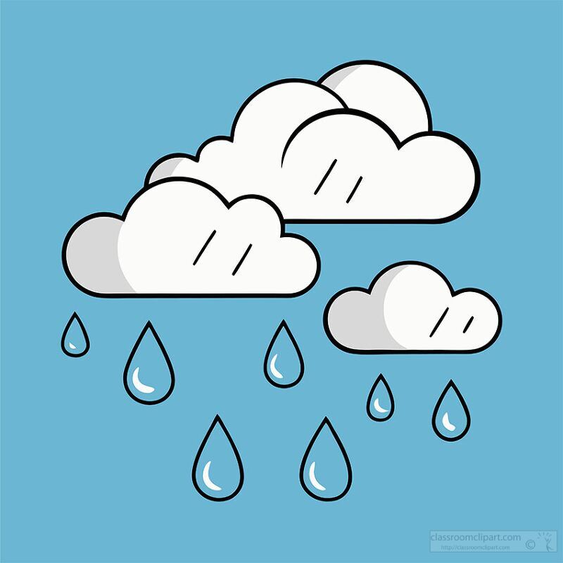 A cartoon-style illustration of clouds with raindrops falling against a blue background. The clouds are fluffy and white, while the raindrops are depicted in a shiny, stylized manner.