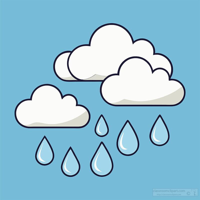 A simple illustration of clouds with raindrops falling from them against a light blue background. The clouds are fluffy and white, while the raindrops are depicted in a cartoonish style.