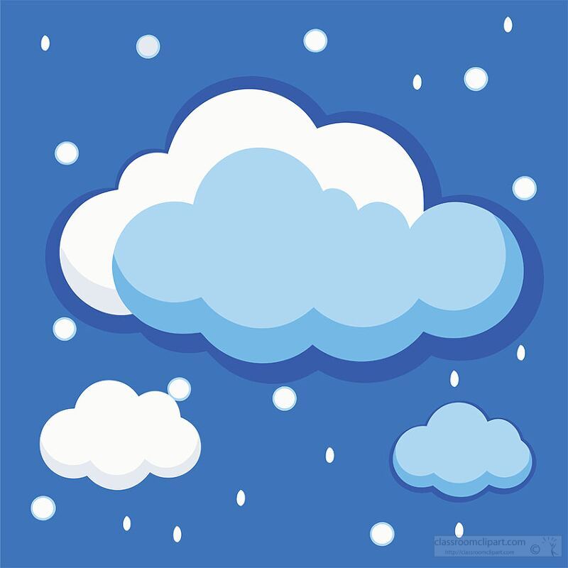 A cartoon-style illustration of clouds against a blue background, with white snowflakes falling. The clouds are in various sizes, with a light blue color and white highlights, creating a cheerful winter scene.