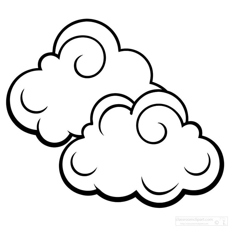 Two cartoon-style clouds with swirling patterns, outlined in black and white, suitable for children