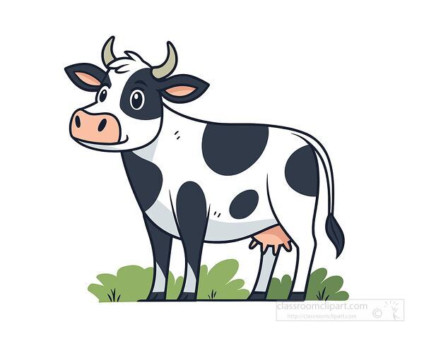 friendly cartoon cow with black spots and horns standing on grass in a flat vector style