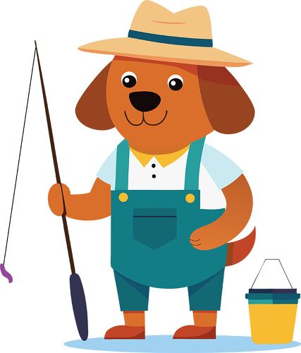 A friendly dog in overalls and a straw hat holding a fishing rod and a bait bucket