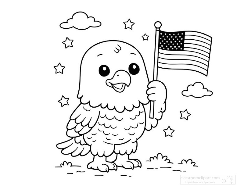 Black and white coloring page of cartoon eagle proudly holding an American flag