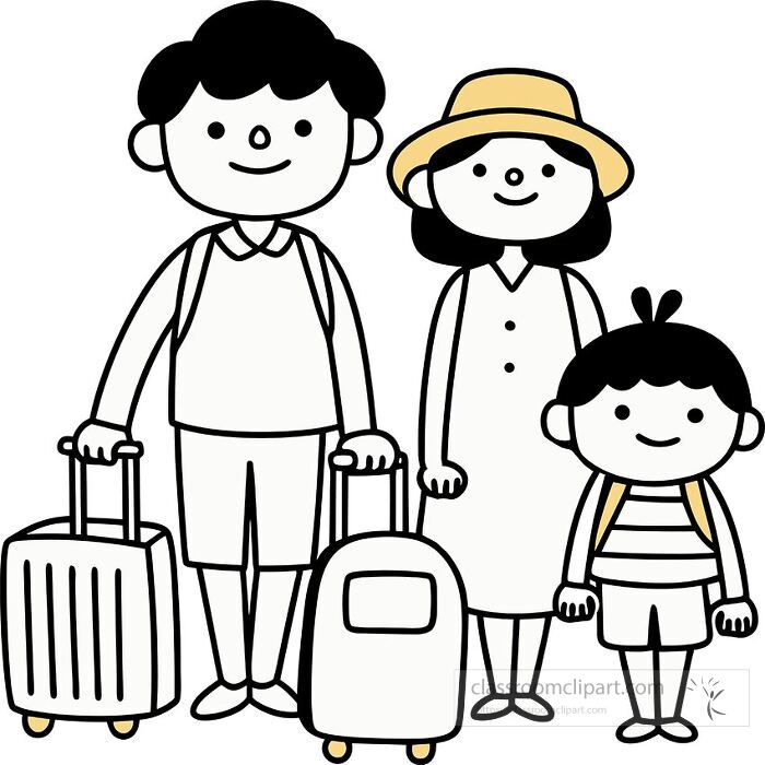 Vector illustration of a cartoon family traveling with rolling luggage and backpacks ideal for vacation and travel themes