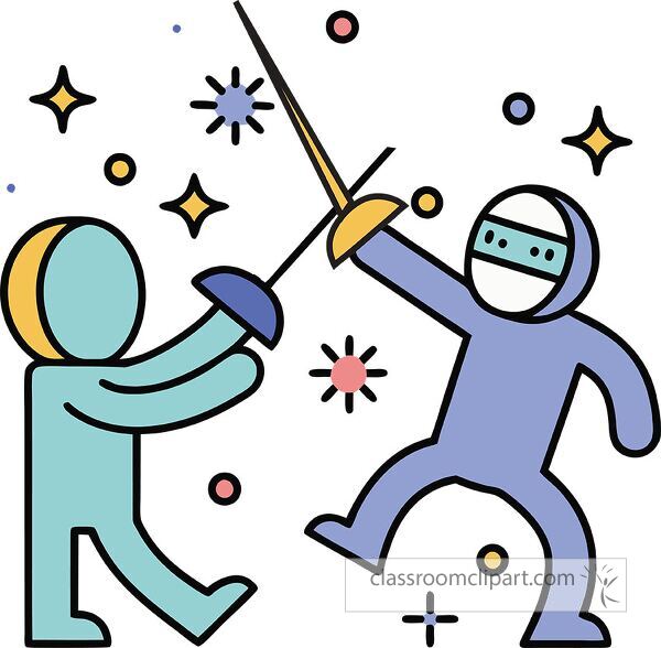 Two cartoon characters engaged in a fencing duel, with colorful stars and dots in the background. One character is in a blue suit with a mask, while the other is in a green suit.