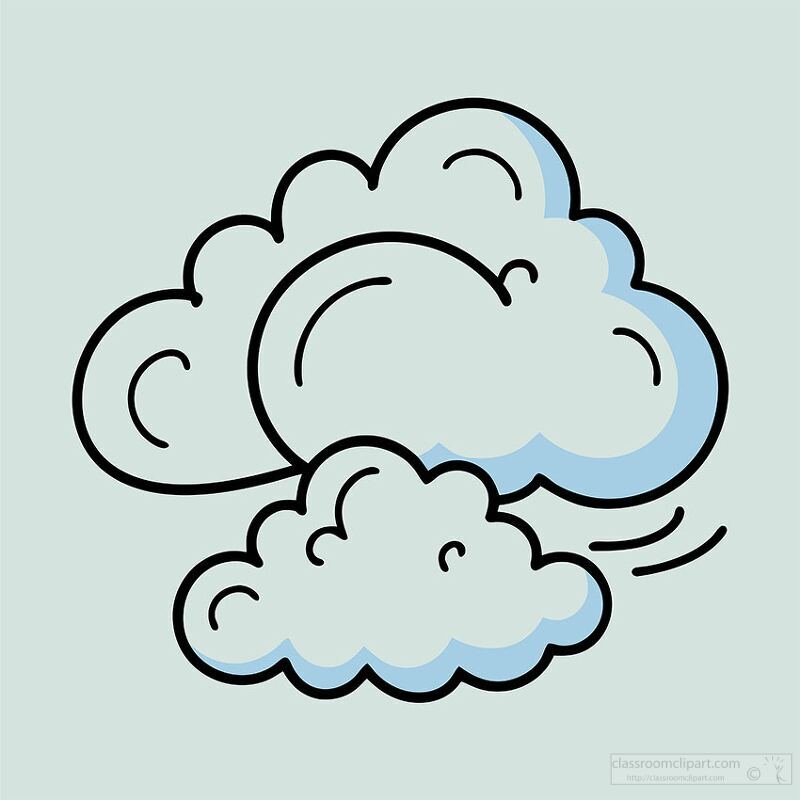 A simple, cartoon-style illustration of three fluffy clouds in varying sizes. The clouds are light blue with darker outlines, set against a pale green background.