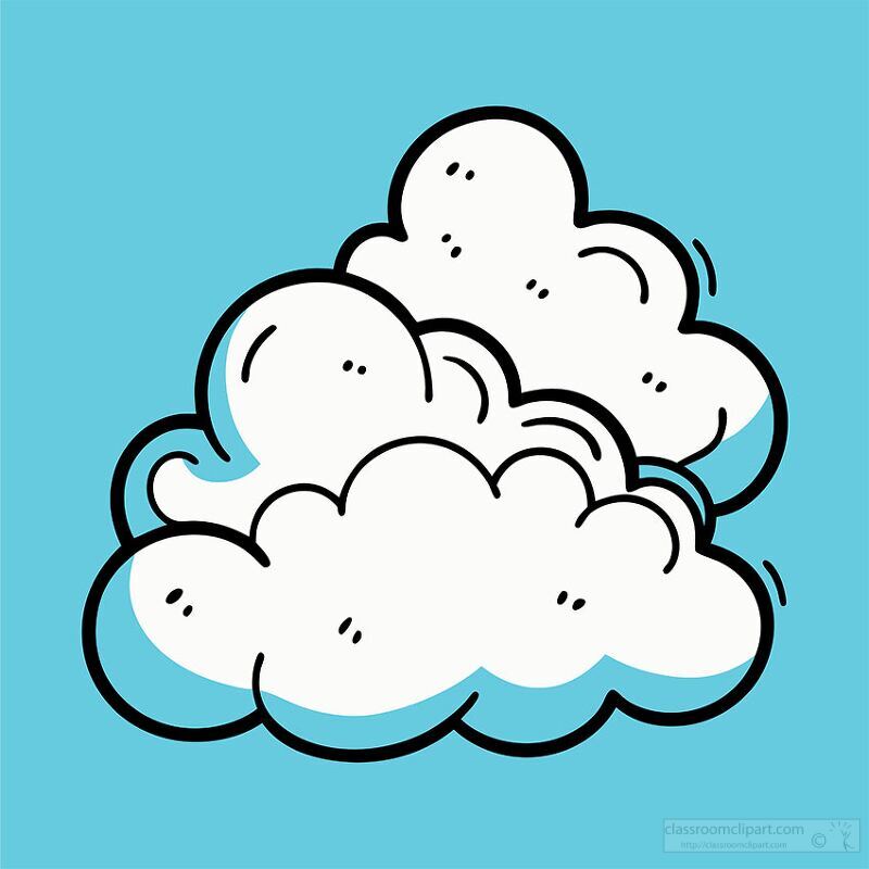 A cartoon-style illustration of fluffy white clouds against a bright blue background. The clouds have a playful, whimsical design with exaggerated curves and outlines.