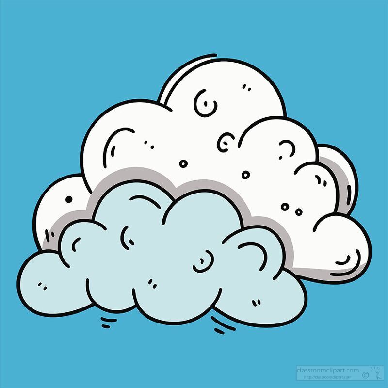 A cartoon-style illustration of fluffy clouds on a bright blue background. The clouds are white and light blue, with a playful design featuring swirls and curves.