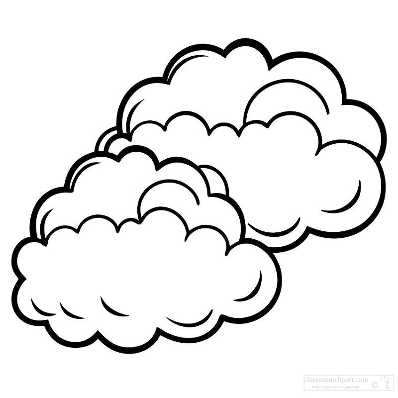 Two fluffy clouds with a cartoonish style, outlined and empty inside, suitable for coloring or illustration.