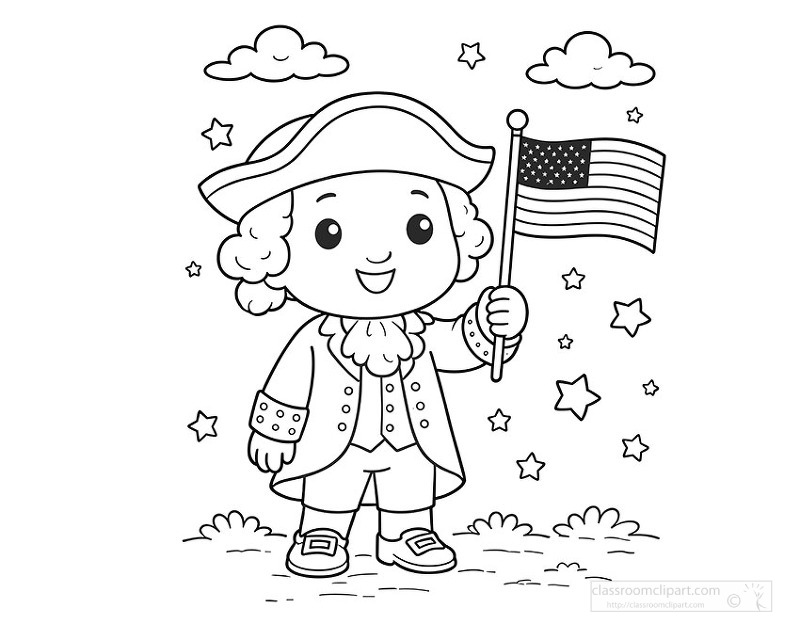 Black and white coloring page of cartoon George Washington holding an American flag with stars in the sky
