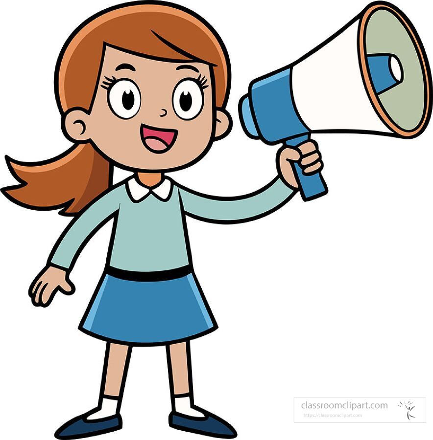 cheerful cartoon girl holding a megaphone making an announcement great for school presentations and classroom resources