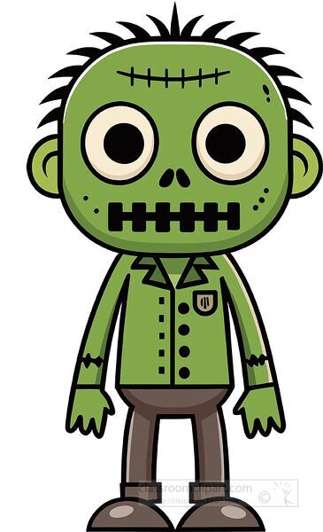 Creepy green zombie illustration with stitched face large eyes and spooky look perfect for halloween party posters games and haunted house art