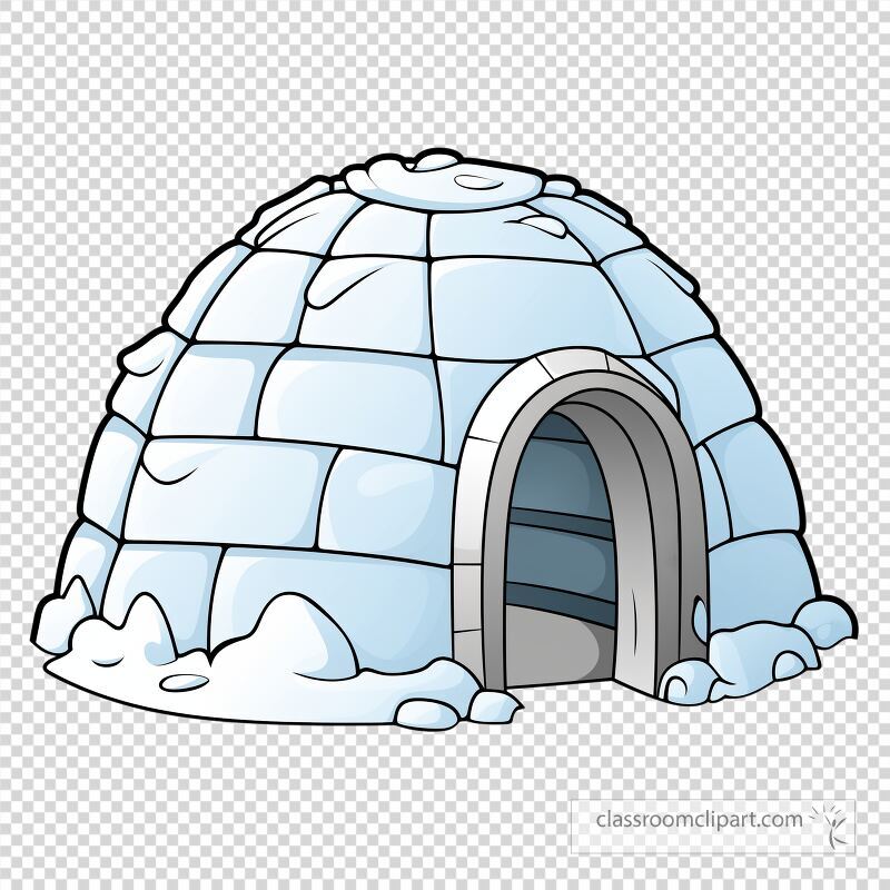 This transparent PNG features a cartoon representation of an igloo displaying its rounded shape snow covered roof and an arched entrance ideal for winter themed designs