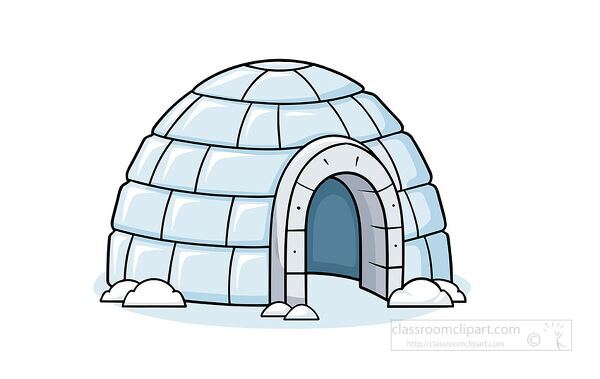 flat cartoon style igloo made of ice blocks with an open entrance sitting on snow perfect for winter or arctic themed designs