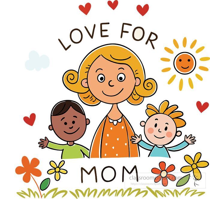 colorful cartoon style mother with two children and hearts perfect for celebrating mother’s day