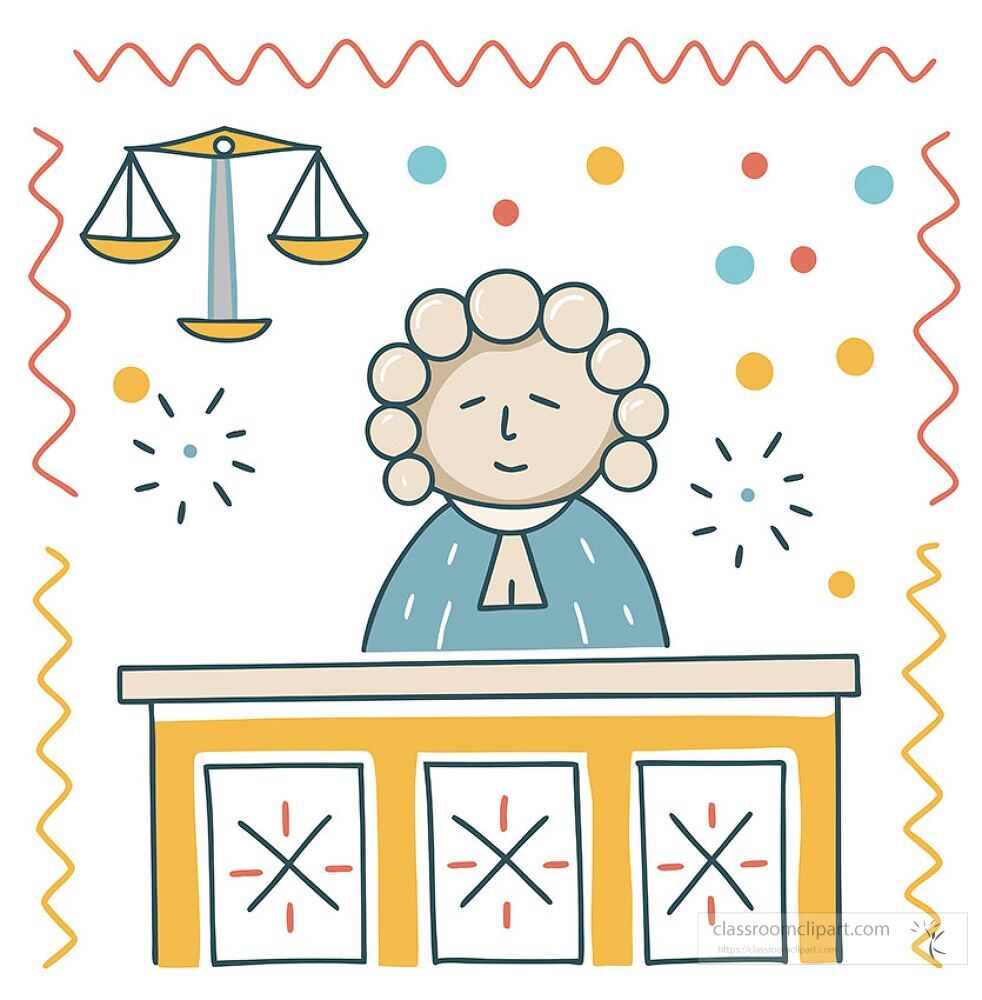 A cartoon style representation of a judge with curly hair seated at a desk with scales of justice above and colorful dots in the background