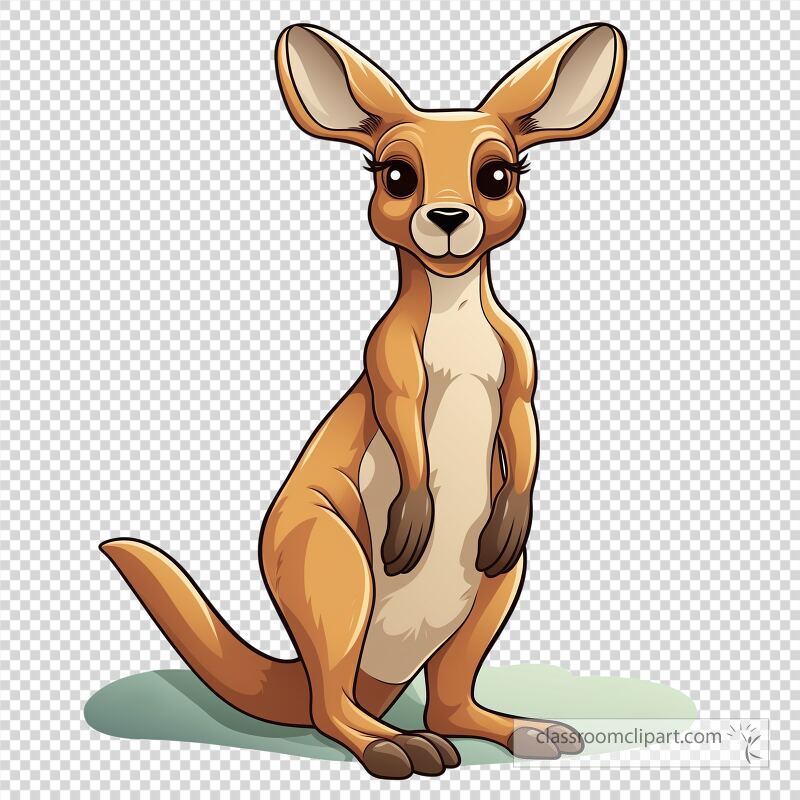 A cartoon kangaroo stands upright with a friendly expression Its large ears and soft fur enhance its playful look making it perfect for a zoo themed design or childrens content