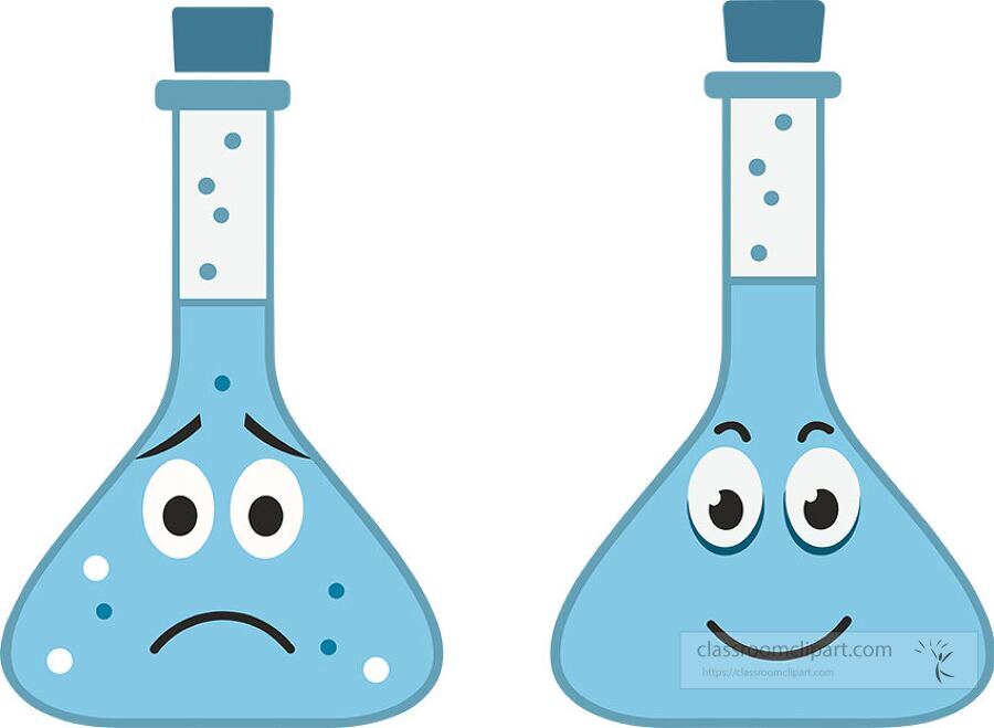 illustration of two cartoon laboratory beakers with different facial expressions showing happy and sad emotions perfect for science education
