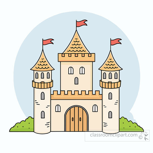 Cartoon medieval castle with three towers yellow roofs red flags and green bushes