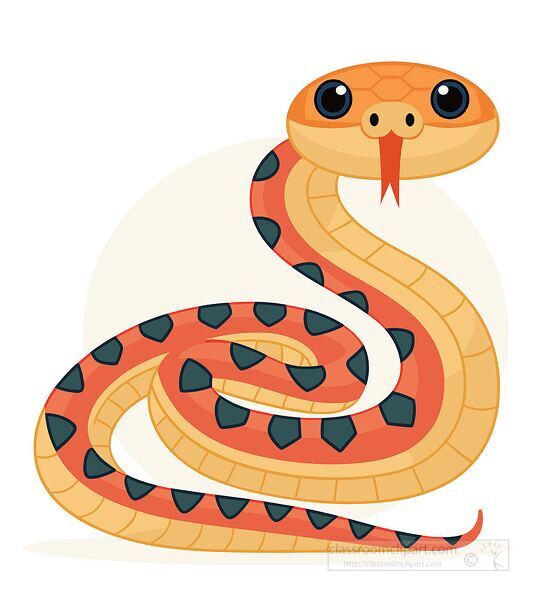 Colorful cartoon illustration of an orange snake with black spots and a red tongue. Ideal for biology lessons, reptiles studies, and animal projects