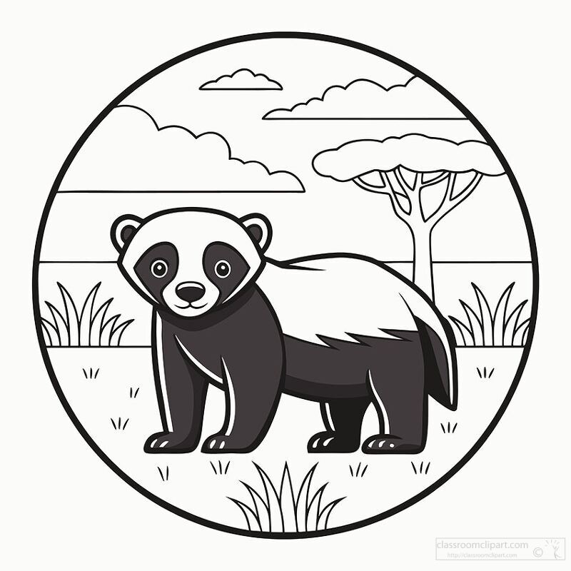 A cartoon-style illustration of a panda in a circular frame. The panda stands on a grassy area with trees and clouds in the background, designed for coloring.