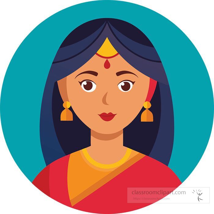 colorful illustration of an indian woman in traditional clothing wearing jewelry and a red sari