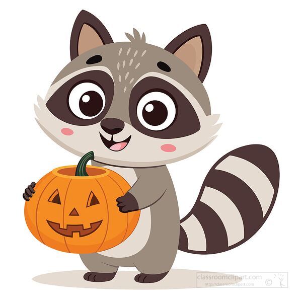 Cartoon raccoon holding a pumpkin perfect for fall classroom decorations Halloween crafts and kids seasonal lessons