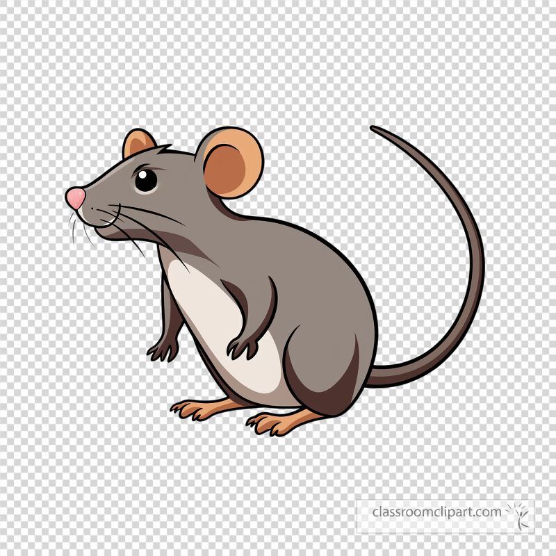 A cute cartoon rat stands with a playful expression The character features big ears and a smooth gray body showcasing a friendly and approachable design suitable for various creative projects