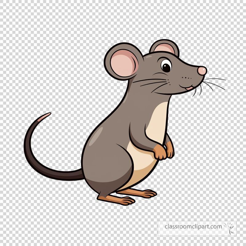 A cheerful cartoon rat stands upright with its paws clasped This simple design features a gray body with a light underbelly and large ears perfect for childrens illustrations