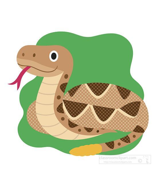 Cartoon rattlesnake illustration featuring a coiled snake with patterned body forked tongue and rattling tail for science education and classroom use