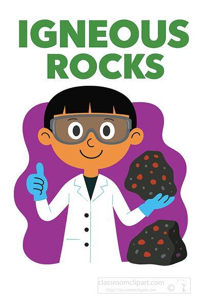 Educational clipart of a cartoon scientist holding igneous rocks for geology and earth science lessons