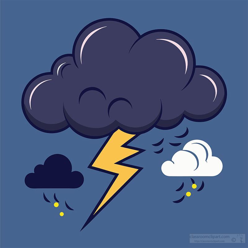 A cartoon-style illustration of a dark cloud with a lightning bolt, surrounded by smaller clouds. The background is a solid blue color, enhancing the stormy theme.