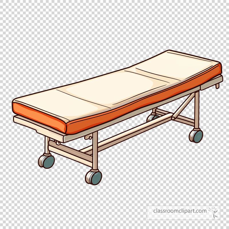 A cartoon representation of a stretcher featuring a padded surface and wheels for mobility The bright orange and beige color scheme adds a cheerful touch to this medical equipment