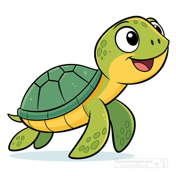 green turtle with big eyes smiling while walking forward